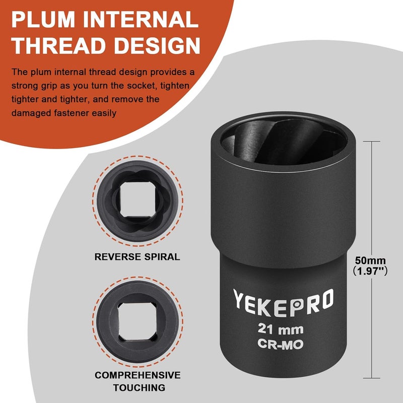 YEKEPRO 21mm 1/2" Drive Impact Twist Socket - Professional Lug Nut Remover for Damaged, Rusted & Stripped Nuts - Spiral Flute Design with Maximum Grip Power - Image 2